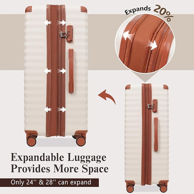 Merax Luggage Sets 3 Piece Front Opening, Hardside Lightweight Carry on Suitcase with Cup Holder USB Port,Durable Expandable Luggage with Bags Spinner Wheels and TSA Lock,White and Brown