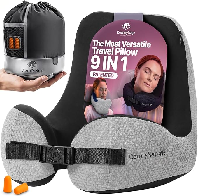 ComfyNap® Versatile Travel Neck Pillow for Airplane [Patented], 9 Positions in 3 Techniques, Plane Pillow with Pure Memory Foam, Travel Pillow with HeadRest Flight Sleep, Travel Essential - Moon