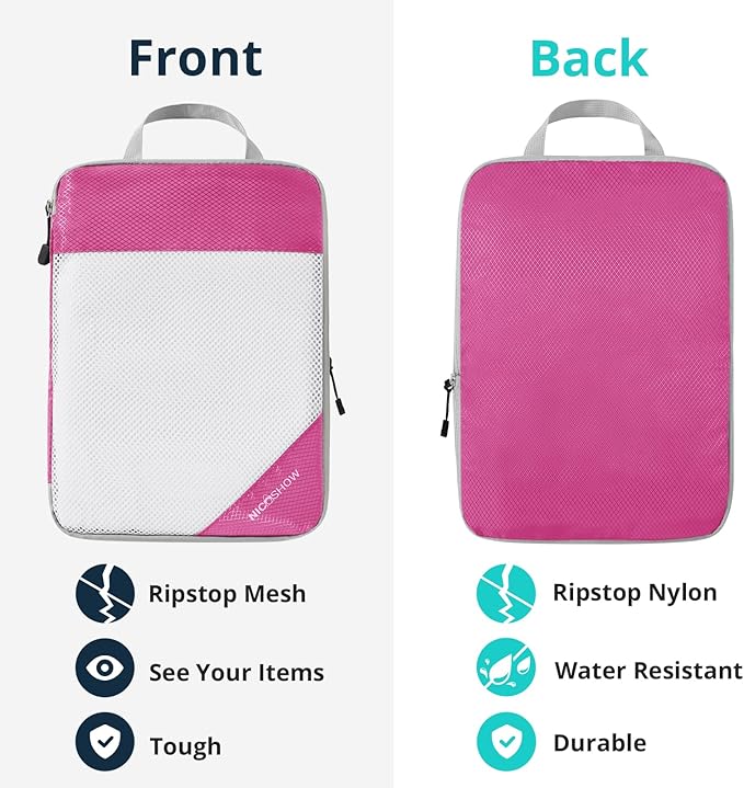 Compression Packing Cubes 6 Set, Compressible Space-Saving Packing Cubes for Travel - Compression Bags, Luggage Organizer, Travel Essentials for Women, Hot Pink