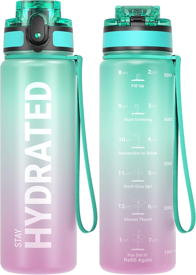 Sahara Sailor Water Bottle, 32/25/17oz Durable and Leakproof Water Bottles Motivational with Time Marker, Tritan, BPA Free, Wide Mouth with Easy Clean Brush for Gym, Travel, School, Office (1 Bottle)