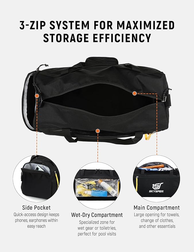 SKYSPER 30L Gym Duffel - Sports Bag Small with Wet Pocket for Sport, Travel, Fitness & Workout Men Women(Black)