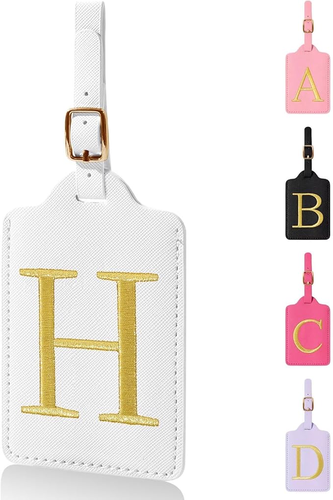 Personalized Initial Luggage Tags for Suitcases,Leather Letter Cute Luggage Tags with Privacy Name Card,Embroidered Monogrammed Travel Bag Backpack Tag Gifts for Women Kids Girls Teens(White-H)
