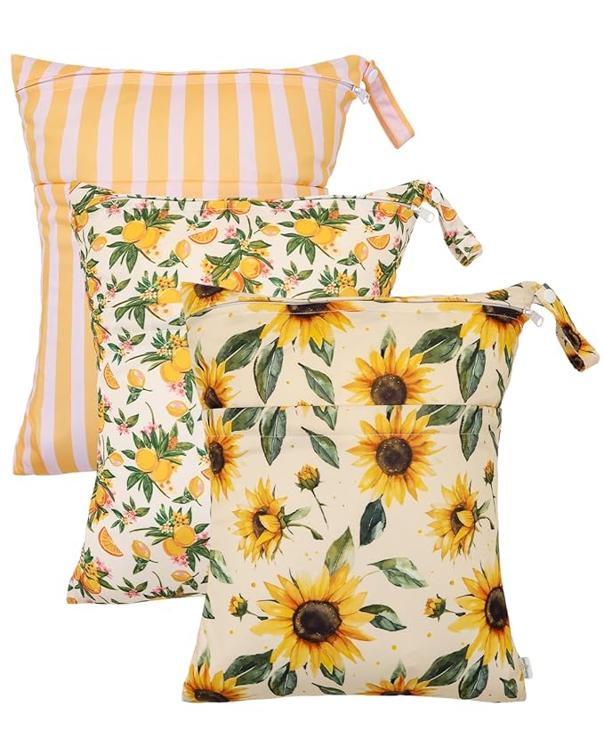 babygoal Wet Dry Bags 3 Pack, Waterproof Travel Bags for Swimsuits, Beach, Pool, Gym,Food Storage and Wet Clothes(Sunflower,Lemon,Stripe),3LN43-B