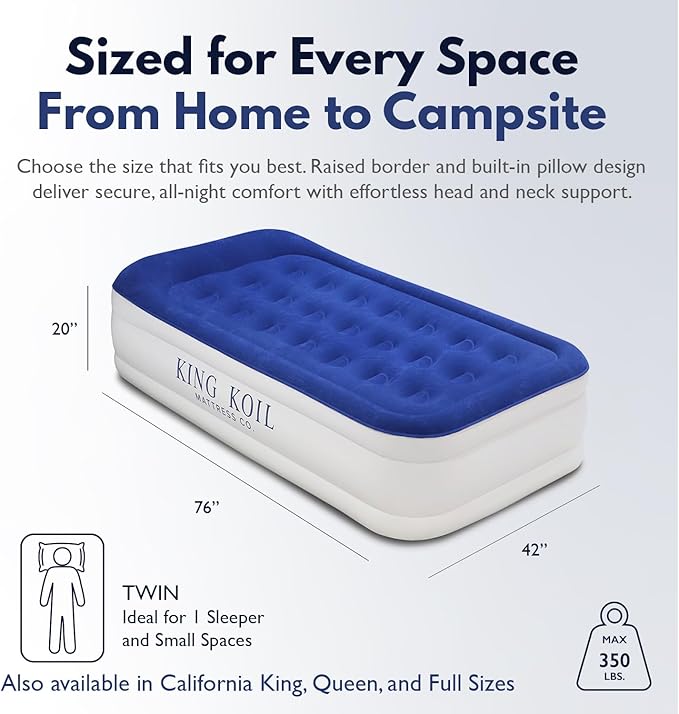 King Koil Luxury Twin Air Mattress with Built-in Pillow Top & Integrated High-Speed Patented Pump – 20" Inflatable Twin Blow Up Airbed for Camping, Home & Guests, Waterproof, 1-Year Warranty