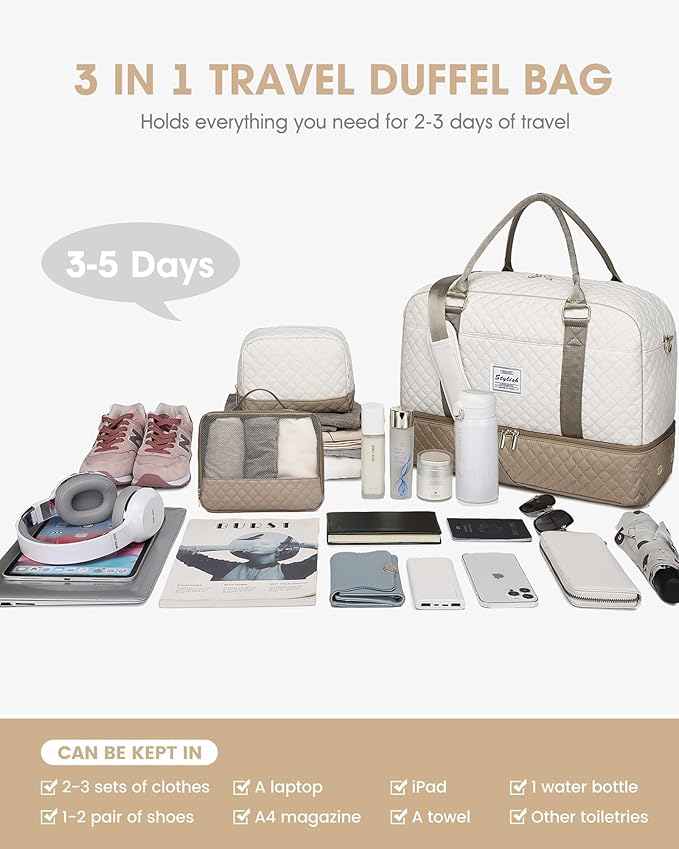 Travel Duffle Bag Weekender for Women: Travel Duffel Carry-On Overnight Bags with Shoe Compartment & Wet Pocket Large Weekend Tote Beige Khaki