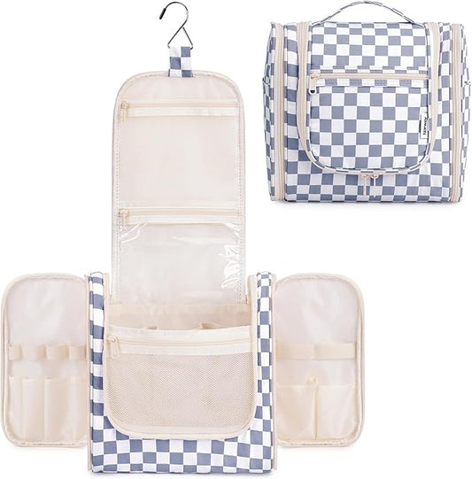 Narwey Checkered Hanging Travel Toiletry Bag for Women, Travel Bag for Toiletries, Makeup Bag Organizer Cosmetic Bags Make Up Bags for Women (Grayish Blue Checkerboard)