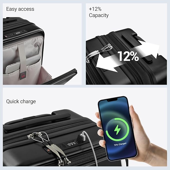 Carry On Luggage with Top Opening, Expandable with Front Pocket and USB Charging Port, Lightweight with Front Compartment Rolling Suitcases with Spinner Wheels (Black, 20 Inch)