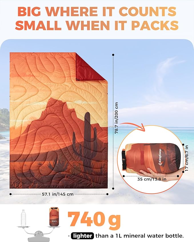 KingCamp Ultralight Camping Blanket, Packable Down Alternative Puffy Printed Wearable Blanket with Snap Buttons & Corner Loops Weatherproof Quilt for Outdoor Travel Stadium (78.7" x 57.1", Cactus)