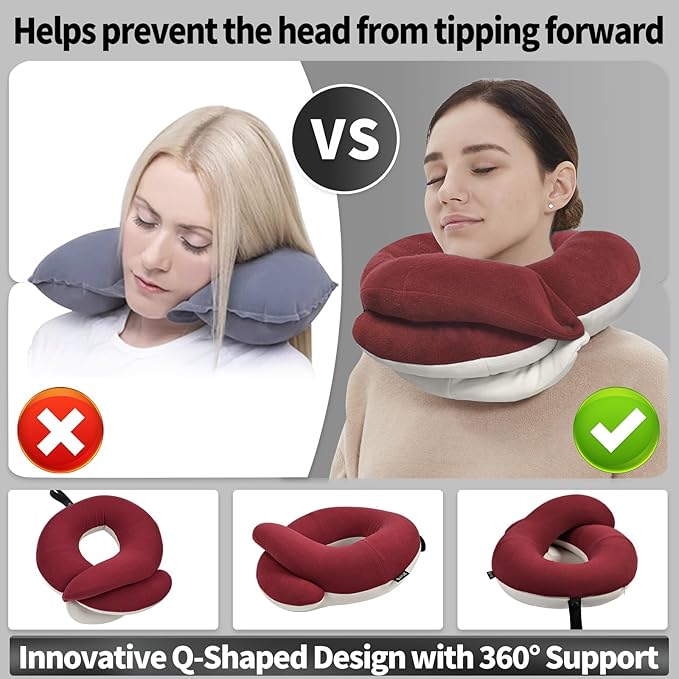 BUYUE Travel Neck Pillows for Airplanes, 360° Head Support Sleep for Long Flight, Skin-Friendly & Breathable, Kit with 3D Contoured Eye Mask, Earplugs and Storage Bag (Adult, Red, 90+ lbs)