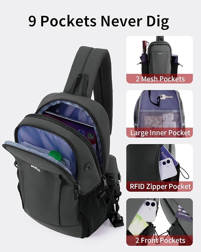 ECOHUB Anti-Theft Crossbody Bag Men Women, RFID Blocking Lightweight Sling Backpack Eco-Friendly with 9 Pockets Sturdy SBS Zippers Water Resistant for Travel Work Hiking Outdoor, Grey