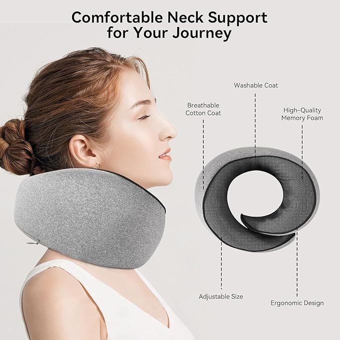 Travel Neck Pillow for Airplanes, Premium Memory Foam Neck Pillow with Ergonomic 360° Support, Travel Essentials for Plane, Car, Train and Home, Max Cloud Gray