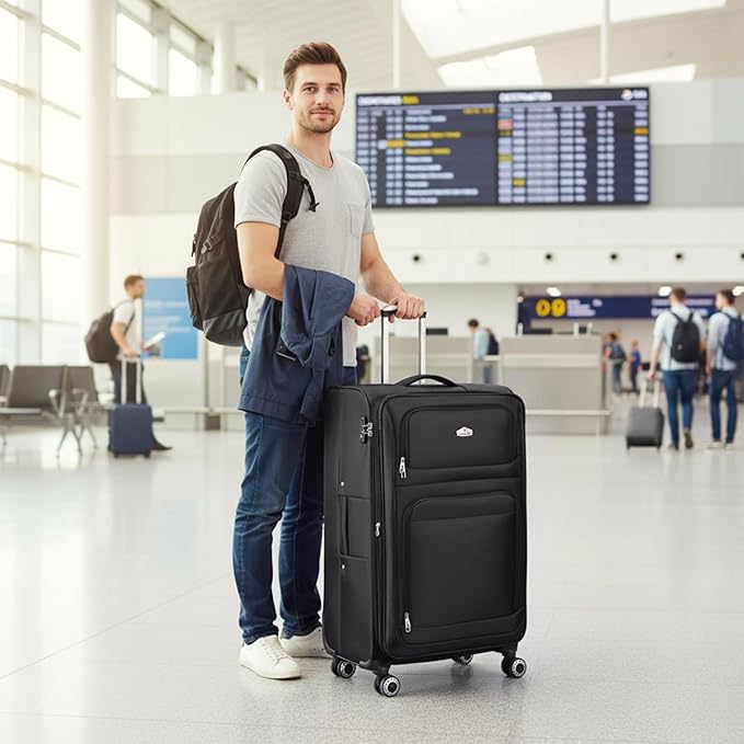 30'' Large Softside Suitcase,Expandable 15% Luggage,w/Double Spinner Wheels w/Combination LOCK,Lightweight Travel Suitcase for Travel（Black,30in）