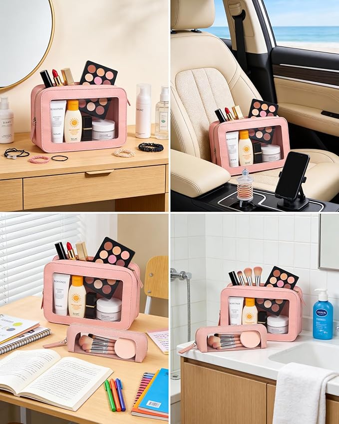 LETGO 2Pack Clear Makeup Bags Set, Small Clear Makeup Bag, PU Leather Travel Makeup Brush Case Portable Transparent Waterproof Cosmetic Organizer Pouch with Zipper for Women(2Pack-White Set)