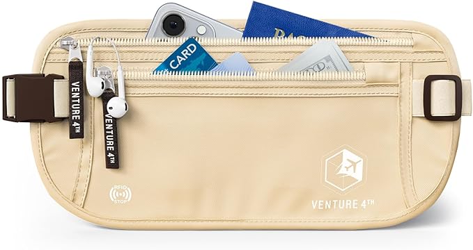 VENTURE 4TH Money Belt for Travel – Hidden Under-Clothes RFID Blocking Passport Holder & Slim Travel Wallet Pouch for Men & Women to Protect Cash, Cards & Documents (Beige)