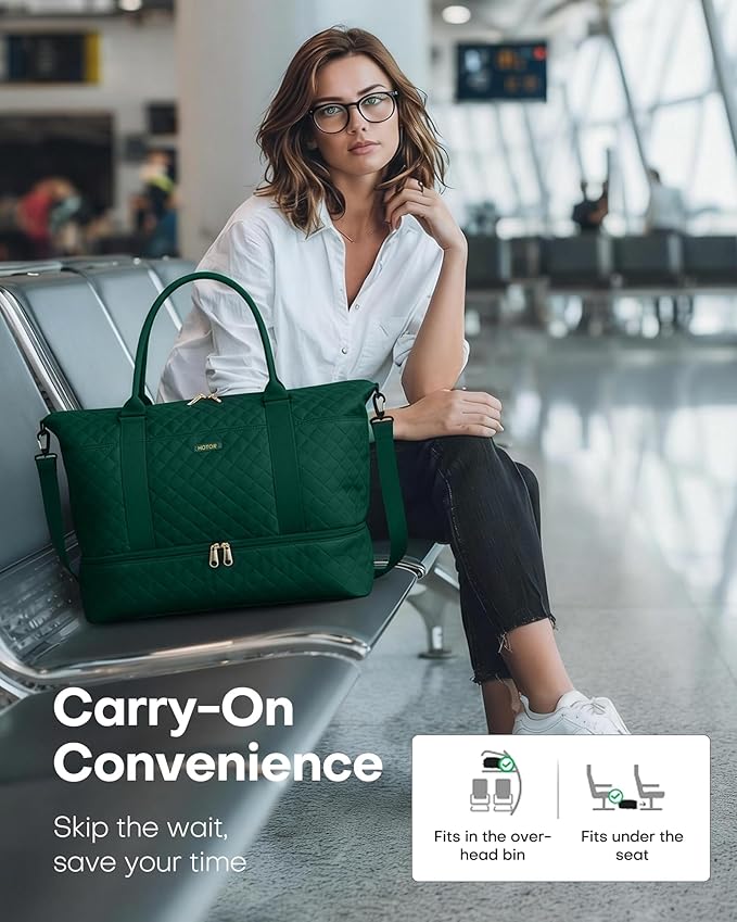HOTOR Travel Duffel Bag - Weekender Bags for Women, Gym Tote Bags with Shoe Compartment, Carry On Overnight Bag with Toiletry Bag for Travel Essentials Travel Accessories, Dark Green, 13.4"×17.3"×7.9"