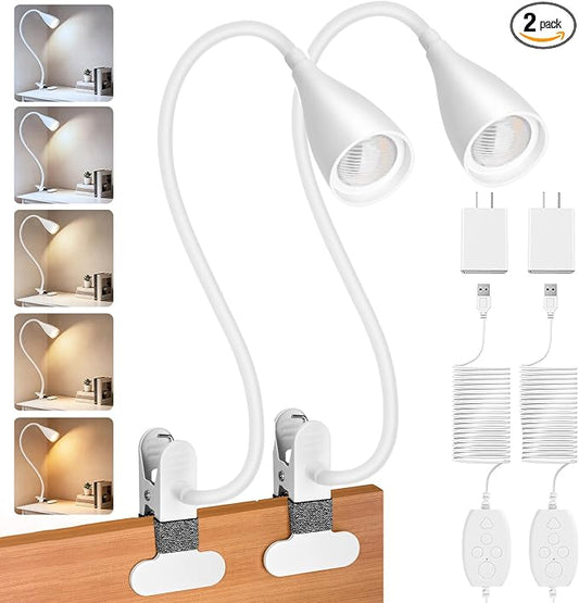 2 PCS Reading Light for Book in Bed,Clip on Light Reading Lamp with Adapter | 5 Color Modes 10 Brightness, Eye-Caring Clip on Desk Lamp Book Light for Reading in Bed Headboard Bedside Bedroom (White)