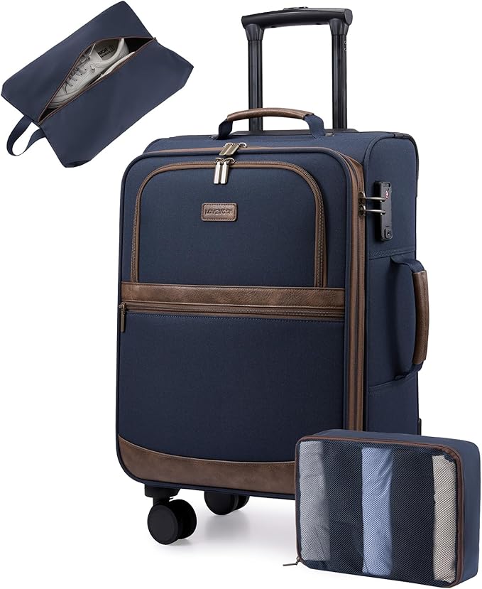 LOVEVOOK Carry On Luggage 22x14x9 Airline Approved,20 Inch Suitcases with Spinner Wheels,Softside Carry-on Suitcase with TSA Lock for Men Women Business Trip Weekender Travel,Navy blue&brown