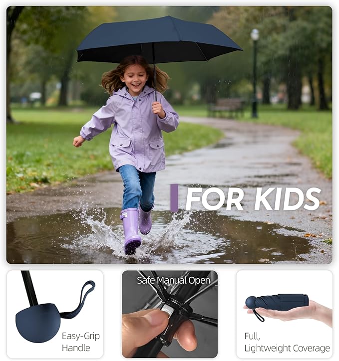 Travel Mini Umbrella Compact Small & Lightweight, UV Rain Protection, Pocket-Sized Folding Umbrellas with Quickdraw & Case for Men Women & Kids Backpack
