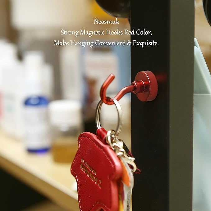 Neosmuk Magnetic Hooks, 30lb+ Heavy Duty Earth Magnets with Hook for Refrigerator, Extra Strong Cruise Hook for Hanging, Magnetic Hanger for Cabins, Grill (Red, Pack of 6)