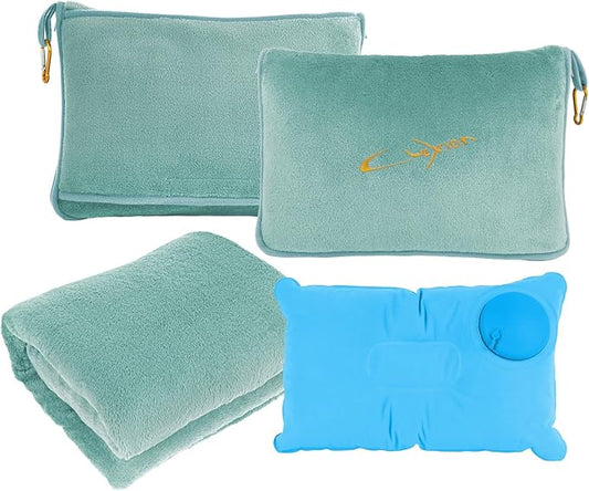 Travel Blanket & Pillow Set, 300 GSM Soft Fleece, 60x43 Inches, 3-in-1 Airplane Blanket, Travel Pillow and Blanket Set, Travel Blanket Airplane Compact with Bag, Travel Essentials,Mint Green