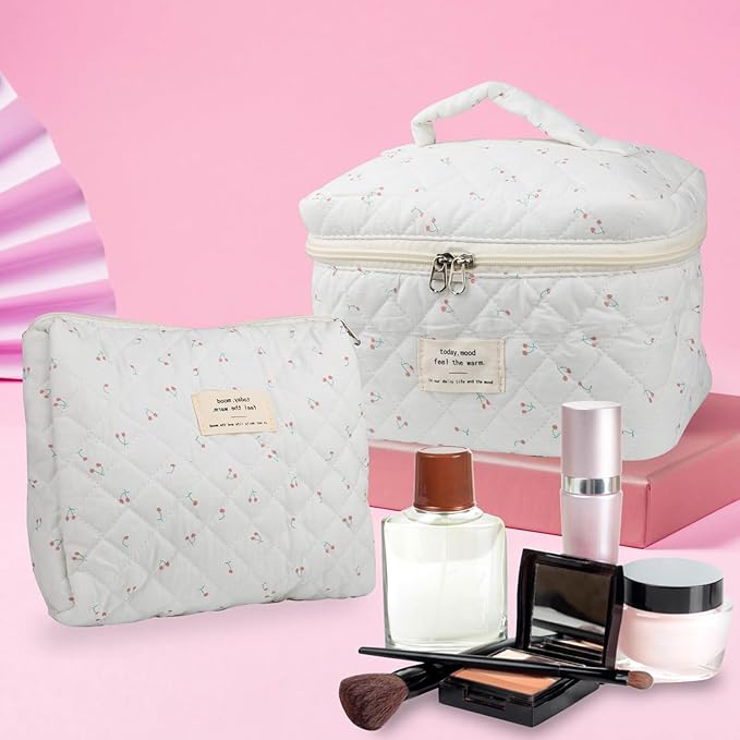 Cute Makeup Bag for Women(2 Pcs), Travel Cosmetic Bags, Quilted Coquette Aesthetic Floral Toiletry Organizer Bag (Cherry)