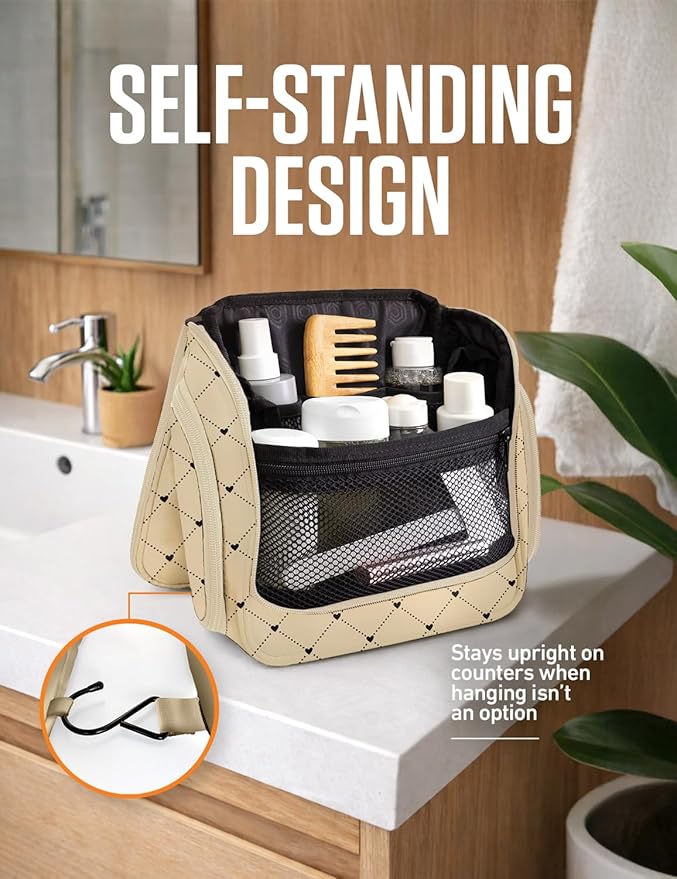 VENTURE 4TH Hanging Travel Toiletry Bag for Women & Men – Large Toiletry Organizer with 17 Compartments, Removable TSA Pouch, Travel Wash Bag for Toiletries, Makeup & Shaving Kit (Beige Diamonds)