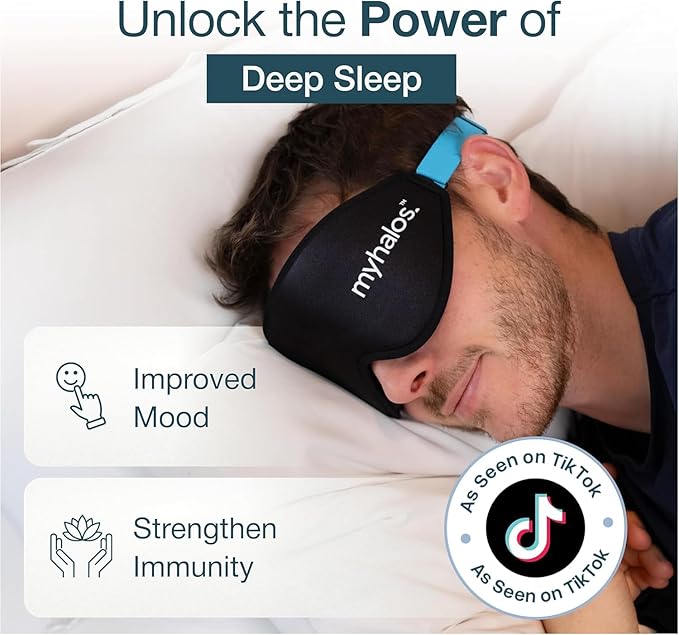 MyHalos® Sleep Mask – 3D Blackout Eye Mask for Women & Men, Side Sleepers, Zero Pressure Memory Foam Eyelash Friendly, Breathable,Award-Winning Sleep Aid for Travel (Black, 1 Count (Pack of 1))