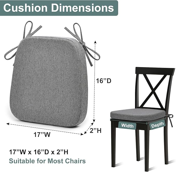Shinnwa Kitchen Chair Cushions Set of 6, Patented Design Memory Foam Dining Chair Pads with Ties and Washable Cover, 6 Pack, 17" x 16" x 2", Dark Grey