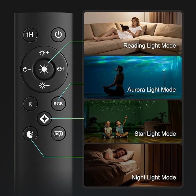 DUSKTEC 3-in-1 Floor Lamp, RGB Aurora & Galaxy Star Projector, 69", Black | Magnetic remote & touch, 1400 lm, 3000K–6000K tunable white, 10%–100% dimmable, 1 hr timer for bedrooms, kids' rooms & gaming