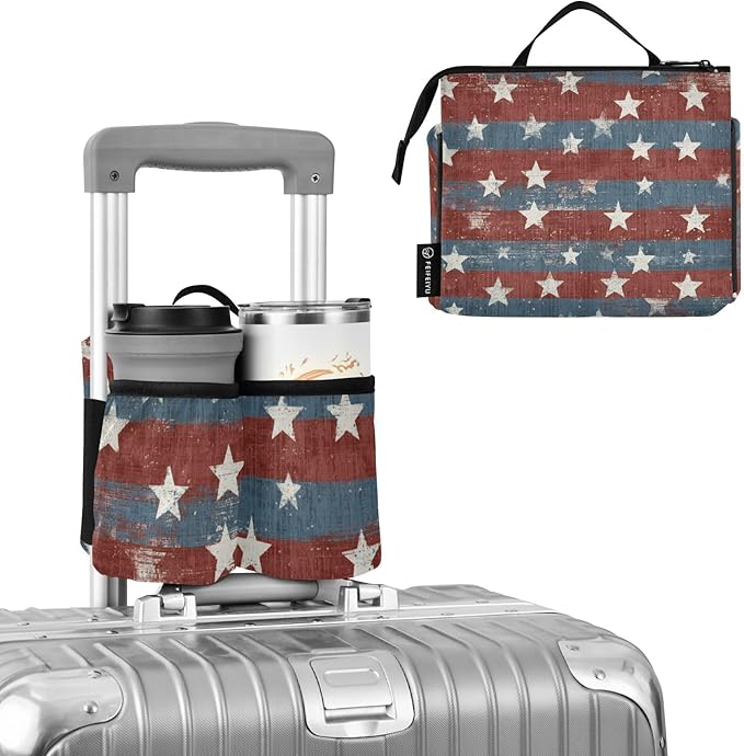 Luggage Cup Holder for Suitcases Free Hands Travel Cup Holder Portable Suitcase Cup Drink Holder Luggage Cup Caddy Bag Carrier Vintage Stars July 4th
