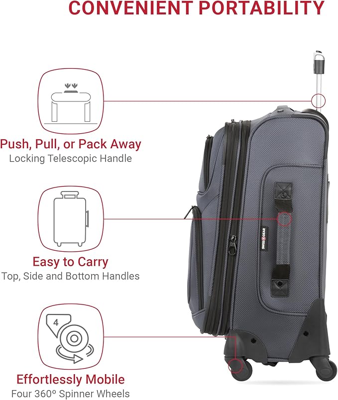 SWISSGEAR Sion Softside Expandable Spinner Luggage Durable Lightweight Travel Suitcase, Dark Grey, Carry-On 21-Inch