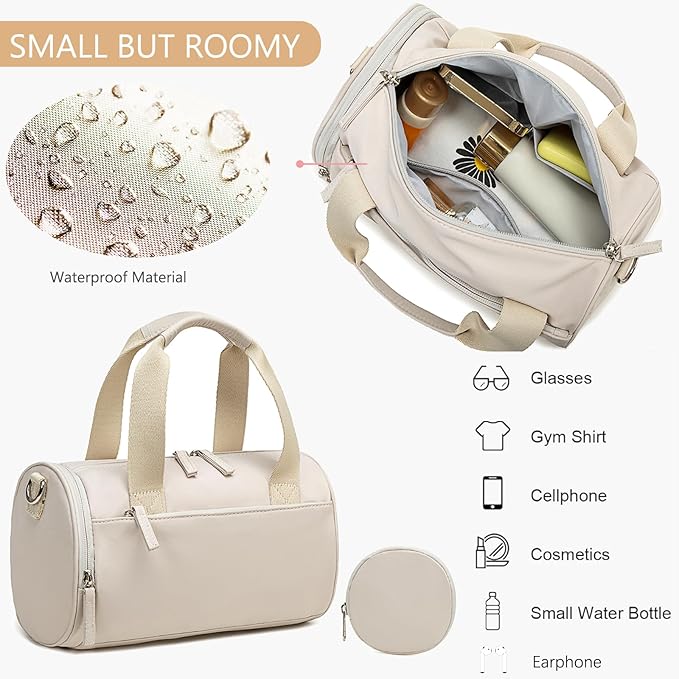 Mini Gym Bag for Women Girls Cute Small Duffle Bag 12'' with Multifunctional Pockets Workout Sport Bags Dance,Fitness,Yoga (Beige-Gray)