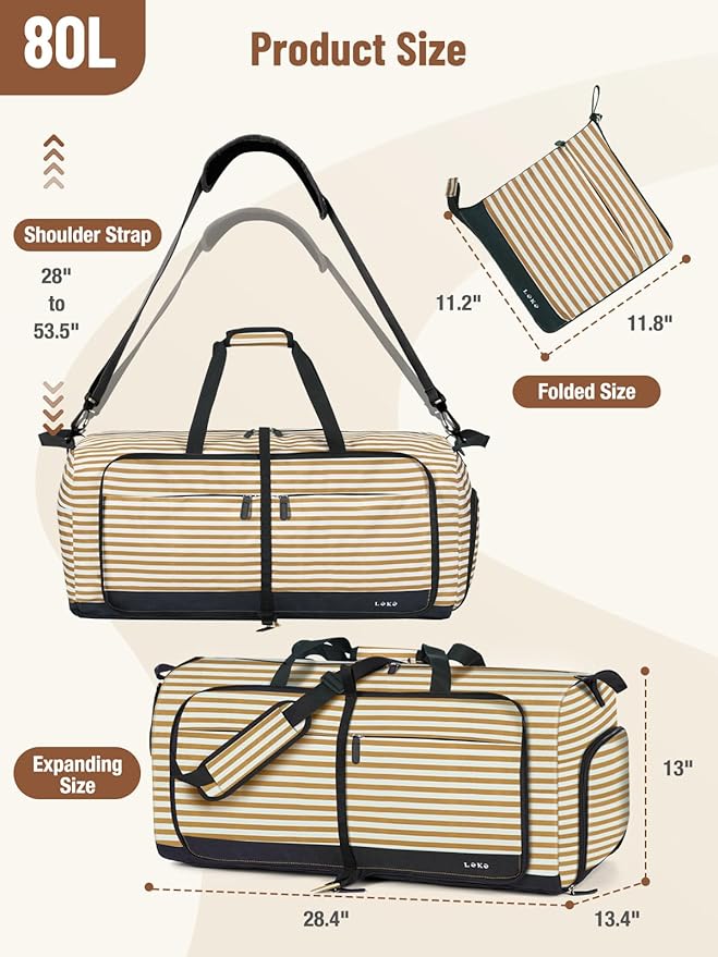 Lekesky Foldable Travel Duffle Bag for Women, Large Duffel Bag with Separate Shoes Compartments & Straps, Carry On Weekend Bag for Women, Hospital, Overnight (Stripe & Beige, 80L)