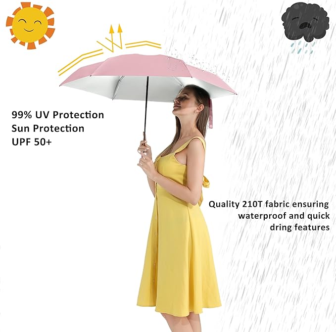 BAODINI Travel Essentials Mini Umbrella for Purse With Case Small Compact UV Sun Protection Lightweight Tiny Pocket Manual Open Close Umbrella for Women Kids and Men Fits Purse Backpack