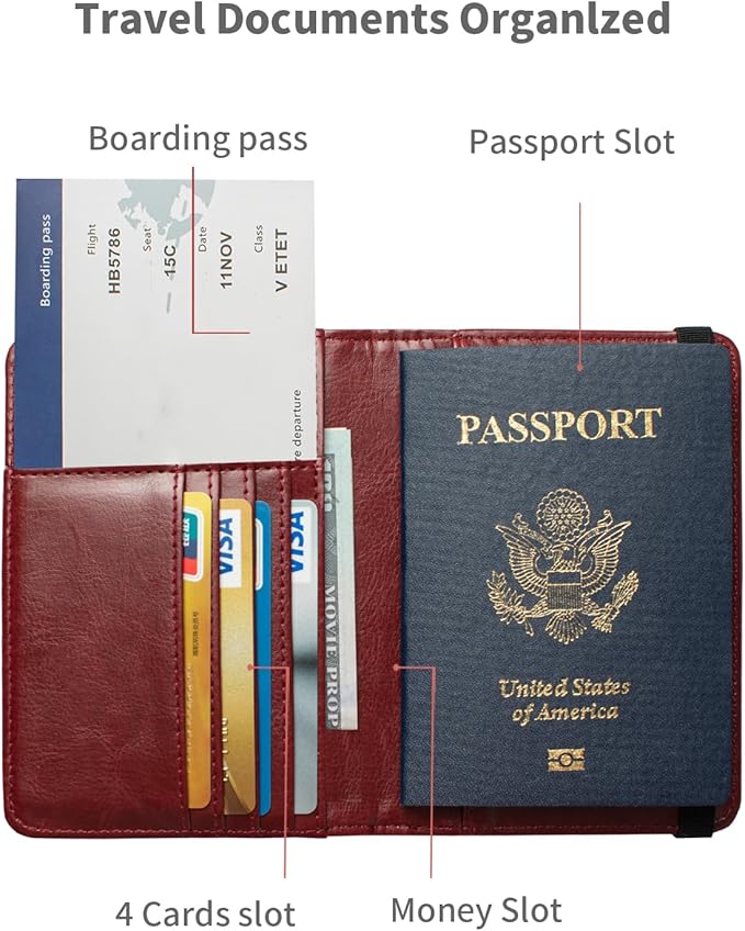 Passport Holder and Card Slot Combo RFID Blocking Leather Travel Passport Wallet for Men and Women US Passport Cover, Wine Red