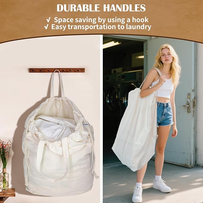 Canvas Laundry Bags with Handles & Rectangular Base, 90L Extra Large Heavy Duty Laundry Basket Hamper Liner Replacement, Washable Canvas Drawstring Dirty Clothes Bag (Beige, 2 Pack)