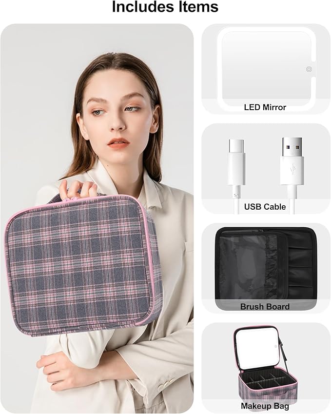 Relavel Travel Makeup Bag With LED Mirror, Portable Cosmetic Organizer Bag with Adjustable Brightness in 3 Color Scenarios, Small Train Case with Detachable Dividers for Trip- Grey Strip