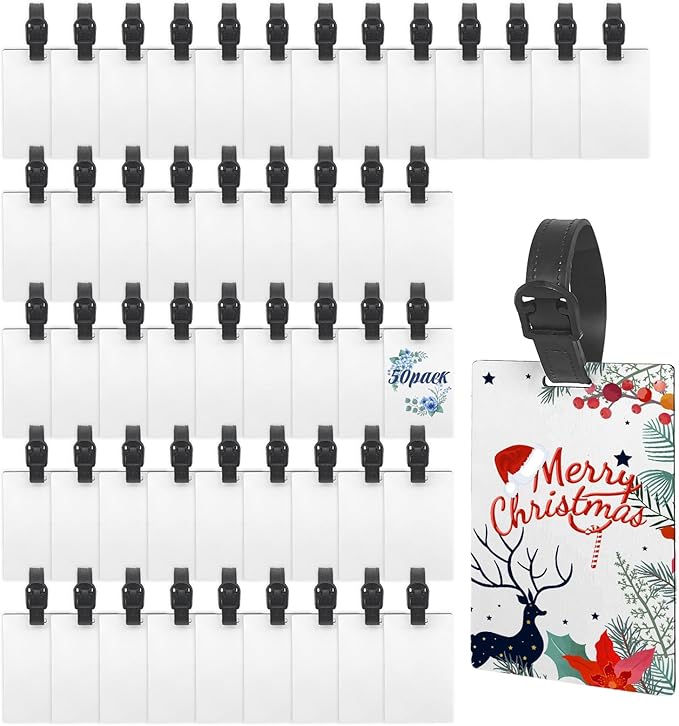 50 PCS Sublimation Luggage tag Blanks Travel Bag Tags with Strap Double Sided MDF Suitcase Label Tag for DIY Heat Transfer