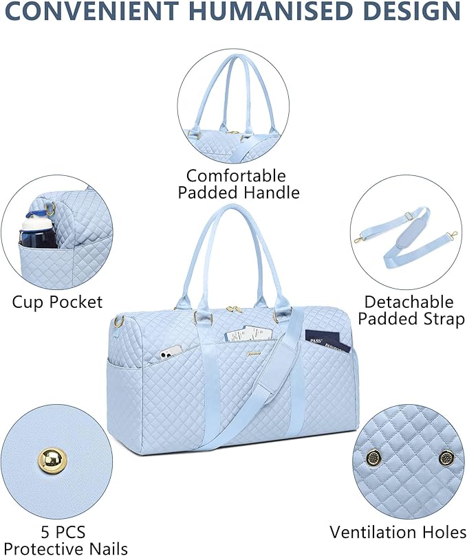 Women Weekender Travel Duffle Bag: Travel Duffel Overnight Bags with Shoe Compartment Large Carry on Tote with Toiletry Bag Weekend Traveling Yoga Gym Hospital Bag for Women with Wet Pocket Light Blue