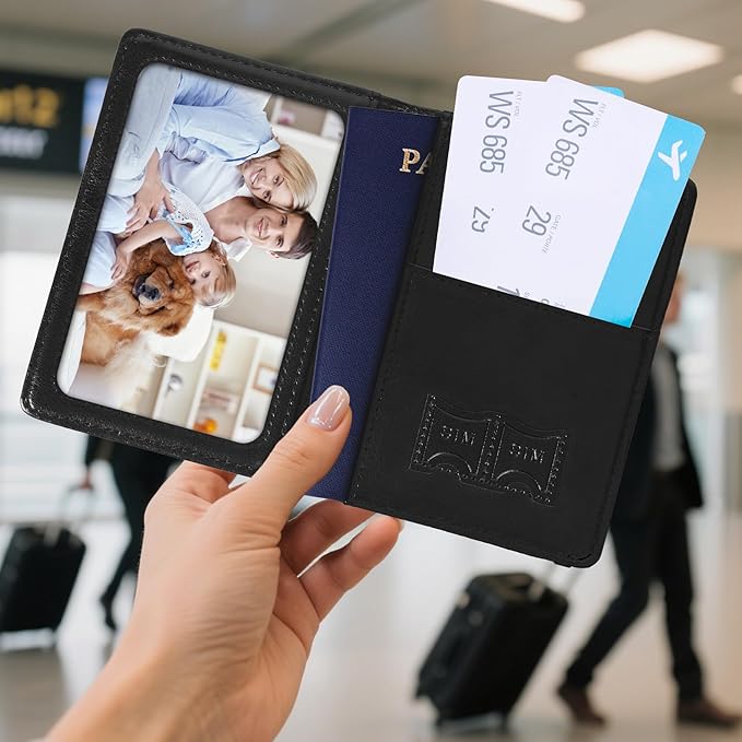 Passport Holder for Travel, RFID Blocking Passport Cover with Pen Holder Leather Passport Wallet Case Travel Must Haves Accessories Passport Book Card Holder for Family Travel Essentials Gifts, Black