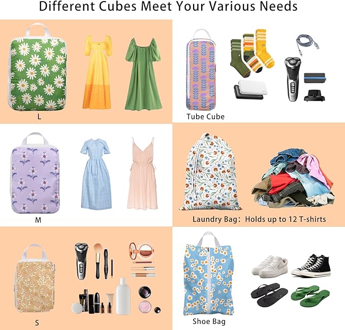 6 Pcs Compression Packing Cubes, Packing Cubes for Travel, Waterproof Luggage Organizer Bags Set, Cute Packaging Cubes for Women Kids Backpack Carry-Ons