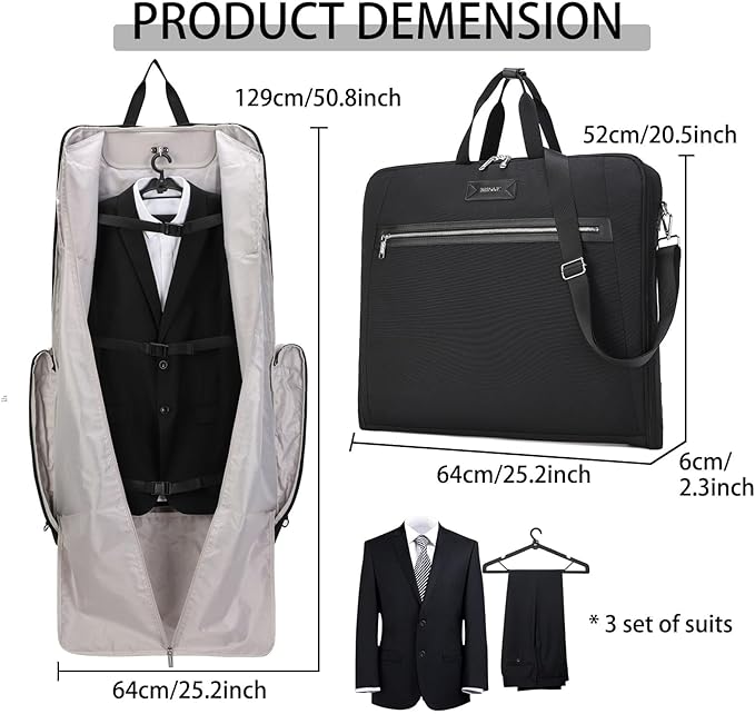 BE SMART Waterproof Foldable Garment Bags for Travel, 51" Large Travel Hanging Bags for Clothes, Carry on Suit Bag with Strap for Men Women, Wrinkle Free Luggage Suit Cover for Business Trips(Black)