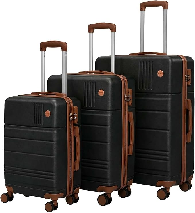 Hoteel Luggage Sets 3 Piece, 4-Year Warranty, Carry-On Luggage with Dual-Spinner Wheels, PC+ABS Hardside Suitcase Set with TSA Lock, Large Checked Travel Suitcases, Black(20/24/28)