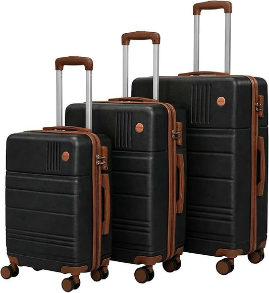 Hoteel Luggage Sets 3 Piece, 4-Year Warranty, Carry-On Luggage with Dual-Spinner Wheels, PC+ABS Hardside Suitcase Set with TSA Lock, Large Checked Travel Suitcases, Black(20/24/28)