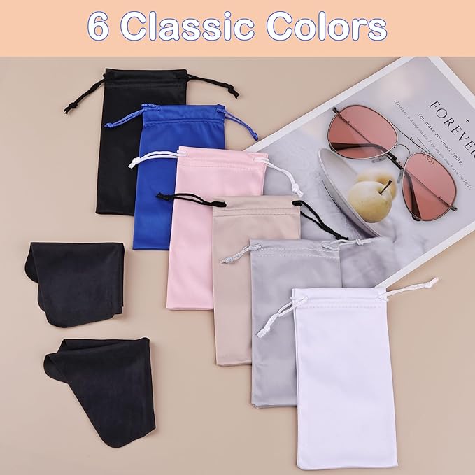 Hoiny 6 Pcs Microfiber Glasses Sunglasses Pouch with 2 Cleaning Cloths, Soft Drawstring Storage Bag for Phone, Eyeglass Case