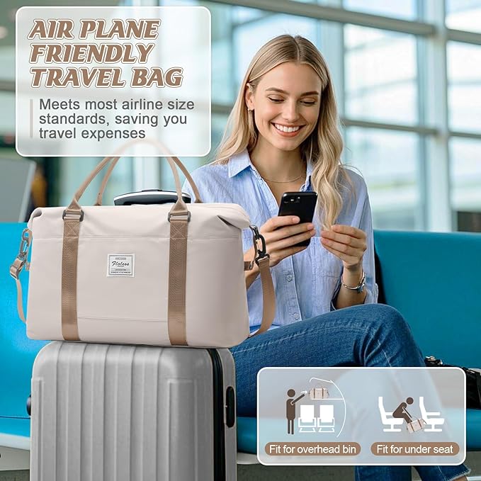 BJLFS Sports Duffel Bags for Women Beige Weekender Travel Totes Bag for Airplane, Cute Sports Gym Dance Overnight Luggage Bag with Wet Pocket, Carry On Hospital Bag for Labor and Delivery