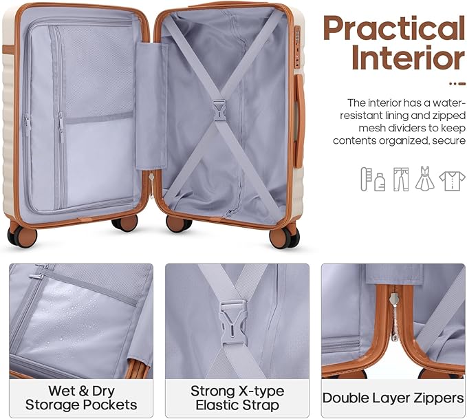 UKEIN Luggage Sets 3 Piece, PC Hardside Large Luggage 24Inch With Spinner Wheels with TSA Lock, Carry On Suitcase Set With Travel Backpack for Men (Beige, 3 piece set (24inch))
