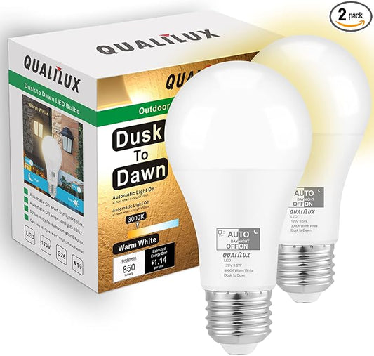Qualilux Dusk to Dawn A19 LED Light Bulbs Outdoor, Automatic On/Off, 60W Equivalent, Warm White 3000K, Energy Efficient 9.5W, 850 Lumen, E26 Base, 2-Pack, HQ-H007