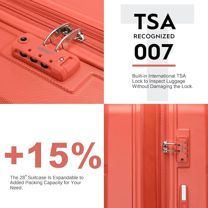 Kono 4 Piece Luggage Sets Expandable(only 28") with Spinner Wheels TSA Lock Lightweight PC+ABS Hardside Travel Rolling Suitcases 20in 24in 28in Carry on and 12in Mini Cosmetic Case Coral Pink