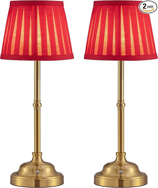 KDG Gold Cordless LED Table Lamps Set of 2, Red Fabric Shade Desk Lamps | Portable 4000mAh Rechargeable Battery Powered, Dimmable Lighting for Dining Room, Bedroom, Bedside, Night Light, Balcony